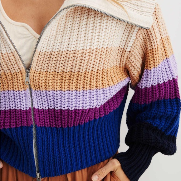 Aerie womens M chucky knit crop double zipper stripes cardigan boho - Picture 2 of 7